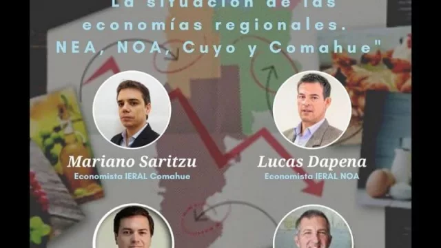 Región Comahue vista desde la Fundación Mediterránea: en rojo el turismo, en amarillo los hidrocarburos y en verde la fruticultura